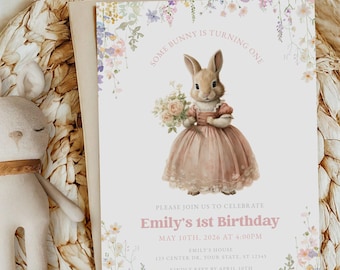 Bunny 1st Birthday Invitation Easter First Birthday Invite Kids Birthday Party Decorations Some bunny is one Kids Birthday Party Invite #k17