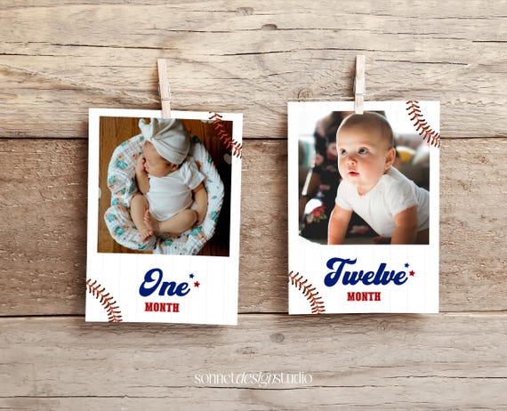 First Birthday Photo Banners - Monthly Milestone Garland From Newborn To 12 Months, Baseball Themed - View #3