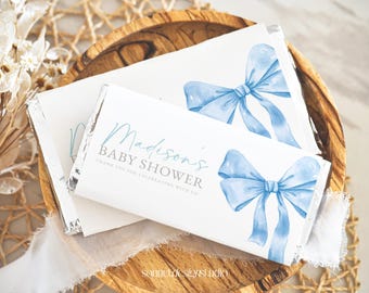 Blue Bow Chocolate Bar Wrapper Template Baby Shower Favor Blue Ribbon Baby Boy Shower Decorations Chocolate Wrappers Candy Bar Label #b12