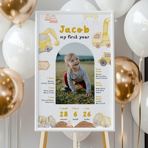 Placa de marco do primeiro aniversário da construção, pôster de marco do primeiro aniversário do caminhão basculante, foto de um ano, quadro de marco do bebê #k12