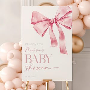 Pink Ribbon Baby Shower Sign Welcome Sign for Baby Shower Decorations Sign Personalized Baby Shower Pink Bow Girl Baby Welcome Poster #b11
