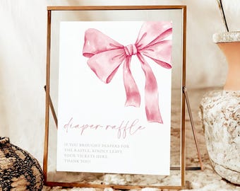 Pink Bow Baby Shower Sign Pink Ribbon Baby Shower Sign Decorations Baby Personalized Party Signs Template Pink Baby Girl, Diaper Raffle #b11