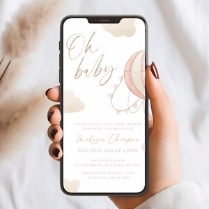 Balloon Baby Shower Evite Oh Baby Shower Invitation Baby Shower Digital Invite Pink Baby Girl Personalized Evite #b09