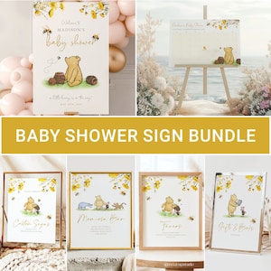 Winnie the Pooh Baby Shower Sign Bundle Baby Shower Welcome Sign Template Baby Shower Decorations Sign Personalized Party Sign Template #b05
