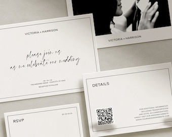 Modern Wedding Invite Boho Wedding Invites Minimalist Photo Wedding Invitation Suite Template Photo Wedding Editable Template #14