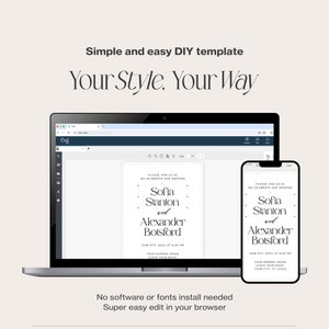 K&ouml;nnte beinhalten: Ein Laptop und ein Mobiltelefon, auf denen eine Vorlage f&uuml;r eine Hochzeitseinladung angezeigt wird. Die Vorlage ist anpassbar und verf&uuml;gt &uuml;ber ein schlichtes Design mit dem Text "Bitte feiern Sie mit uns unsere Hochzeit, Sofia Stanton und Alexander Botsford".