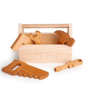 Wooden toy tool kit Personalized tool kit Toddler pretend play wooden repair kit Waldorf Montessori learning image 1