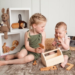 Wooden toy tool kit Personalized tool kit Toddler pretend play wooden repair kit Waldorf Montessori learning image 3