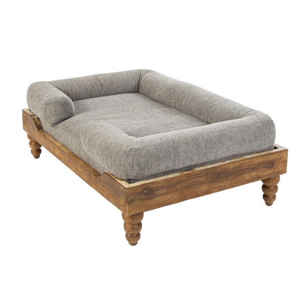 Farmhouse Dog Bed, Acacia Hardwood Frame, Orthopedic Memory Foam Mattress, Grey Farm, Bolster, Washed Oak Color