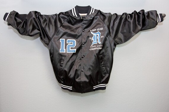 Vintage 90s Satin Black Baseball Bomber Style Warm Up Jacket Etsy