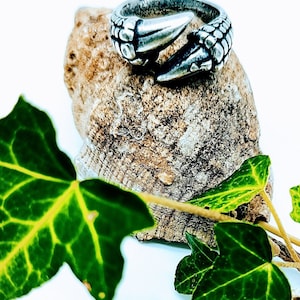 Könnte beinhalten: Ein silberner Ring mit einem Krallendesign. Der Ring liegt auf einem Stück Treibholz mit grünen Blättern.