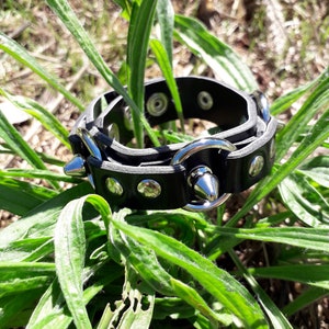 Peut inclure: Un bracelet en cuir noir avec des clous argentés et un anneau argenté avec une pointe. Le bracelet est sur un lit d'herbe verte.