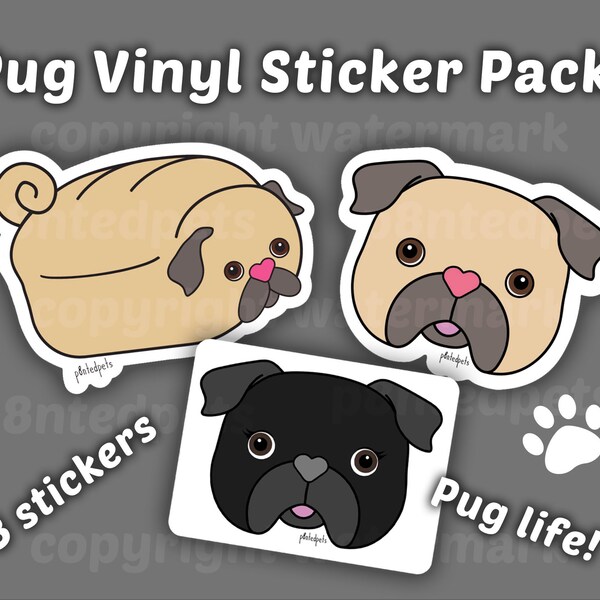 Pug Vinyl Sticker Pack, Cute Black and Fawn Pug, Pug Bread Loaf, Pug Life, Water Bottle Sticker, Pug Lover Gift, Planner Sticker, Pug Rescue