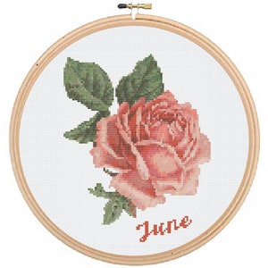 May include: A cross-stitch embroidery hoop with a pink rose and green leaves. The word "June" is stitched in red below the rose.