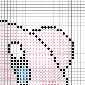 Puede incluir: Patr&oacute;n de punto de cruz con un dise&ntilde;o rosa y negro con detalles azules. El patr&oacute;n est&aacute; sobre un fondo de cuadr&iacute;cula blanca.