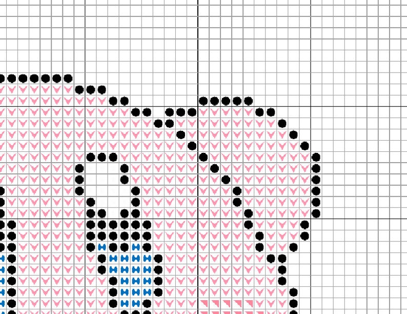 Puede incluir: Patr&oacute;n de punto de cruz con un dise&ntilde;o rosa y negro con detalles azules. El patr&oacute;n est&aacute; sobre un fondo de cuadr&iacute;cula blanca.