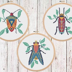 Set of Three Colorful Modern Bugs on Leaves Nature Specimen Cross Stitch Patterns