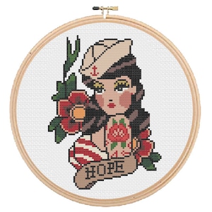 Sailor Girl Hope Vintage Tattoo Cross Stitch Pattern