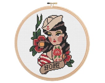 Sailor Girl Hope Vintage Tattoo Kruissteekpatroon