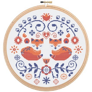 Scandinavian Foxes and Flowers Orange and Blue Cross Stitch Pattern