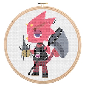 May include: Cross-stitch pattern of a pink and red animal character wearing a black and red checked outfit and holding a beetle. The character has a grey wing and a black eye.