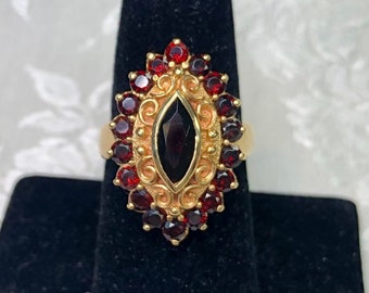 Art Deco Garnet Navette Ring 10K Yellow Gold