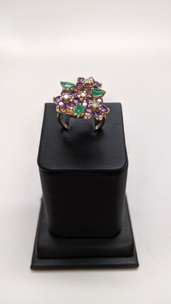 Floral Gemstone Ring Amethyst Emerald 14K Yellow … - image 2