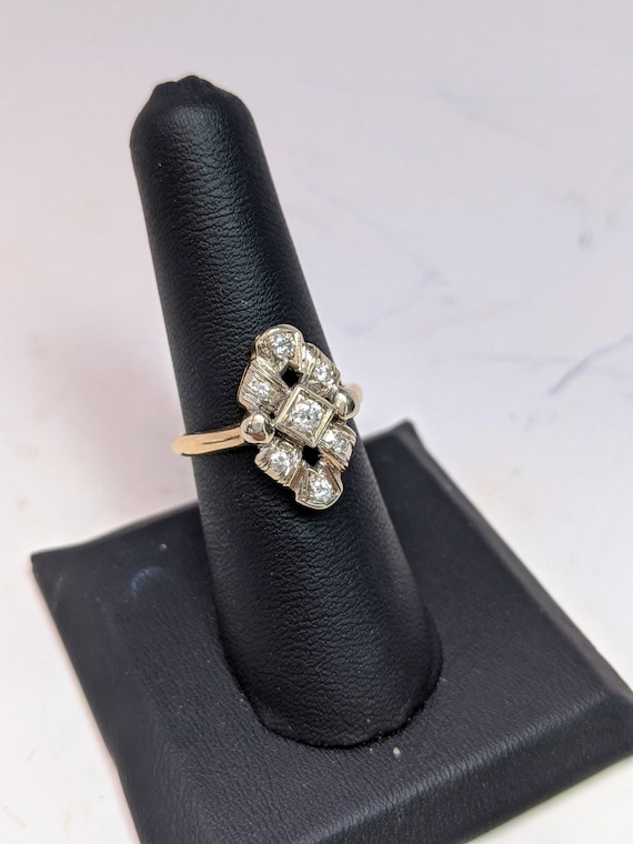 Art Nouveau Diamond Ring 14K yellow Gold White Go… - image 2