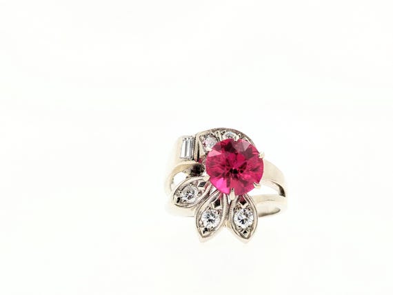 Antique Lab Created Ruby and diamond ring 14kt Wh… - image 1