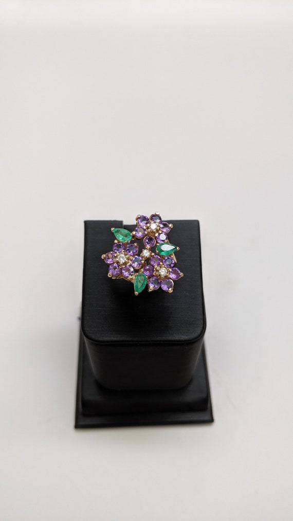 Floral Gemstone Ring Amethyst Emerald 14K Yellow … - image 3