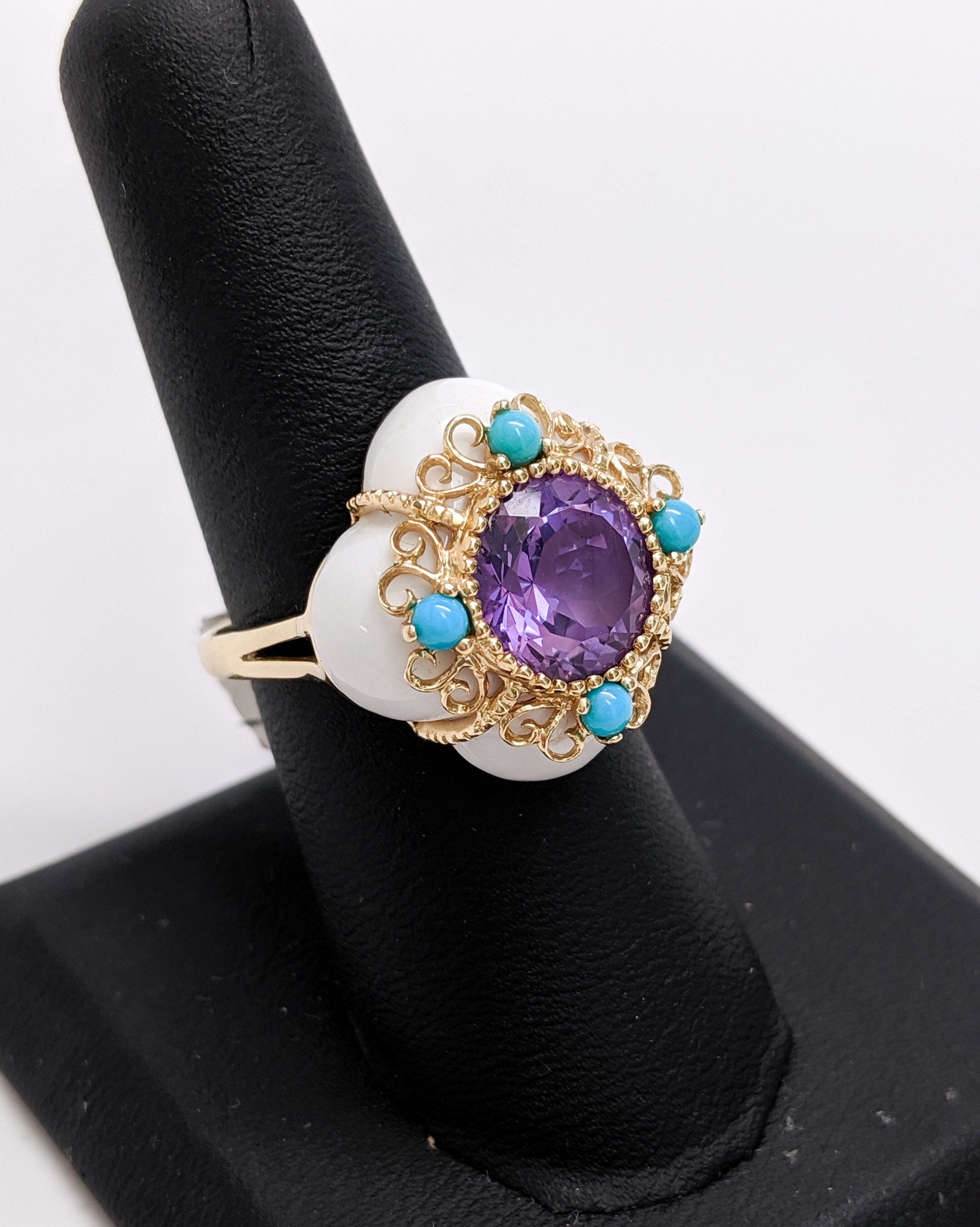 Vintage Amethyst, Turquoise, and Jade Ring 14K Yellow Gold