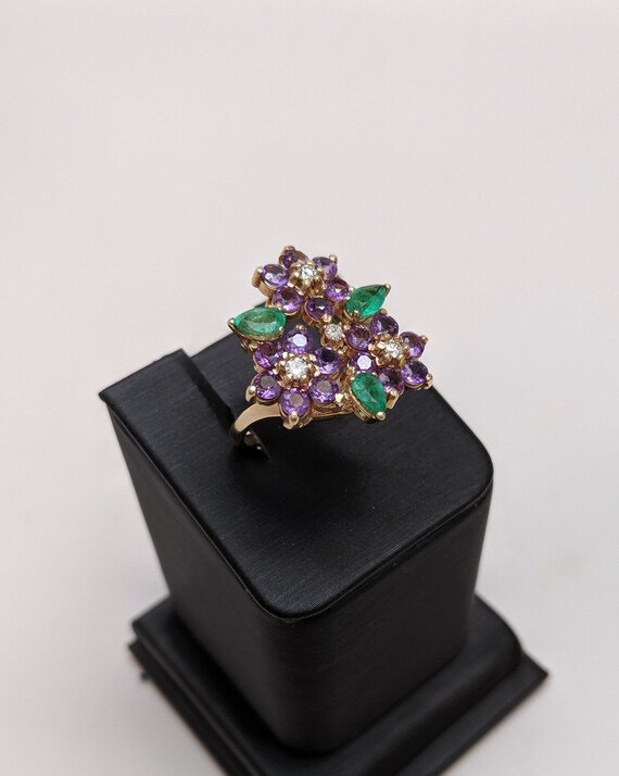 Floral Gemstone Ring Amethyst Emerald 14K Yellow … - image 1