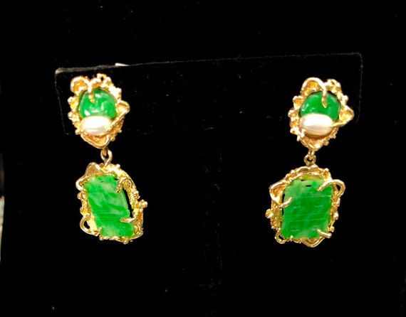 Carved Jade Clip on Dangle Earrings