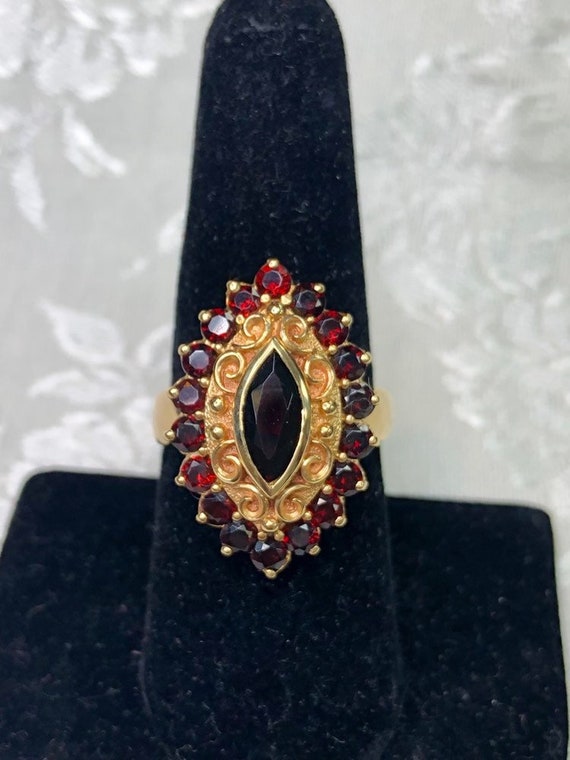 Art Deco Garnet Navette Ring 10K Yellow Gold