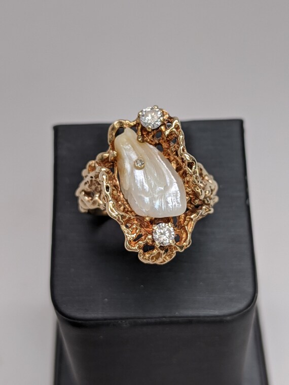 Custom TN Pearl and Diamond Ring 14k Yellow Gold