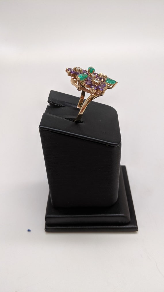 Floral Gemstone Ring Amethyst Emerald 14K Yellow … - image 5