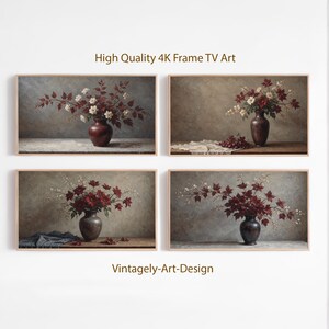 Könnte beinhalten: Vier gerahmte Kunstdrucke mit floralen Stillleben. Jeder Druck zeigt eine Vase mit roten und weißen Blumen und Blättern. Der Text "High Quality 4K Frame TV Art" und "Vintagely-Art-Design" sind sichtbar.