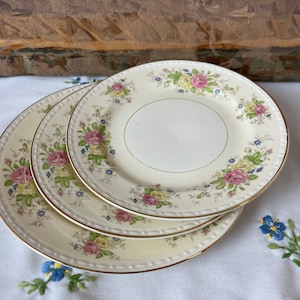May include: Three white ceramic plates with a floral pattern in shades of pink, yellow, and blue. The plates have a gold rim and are stacked on top of each other.