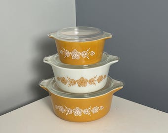Vintage Pyrex, Butterfly Gold Cinderella Style Casserole Dishes & Lids, 6 Pieces