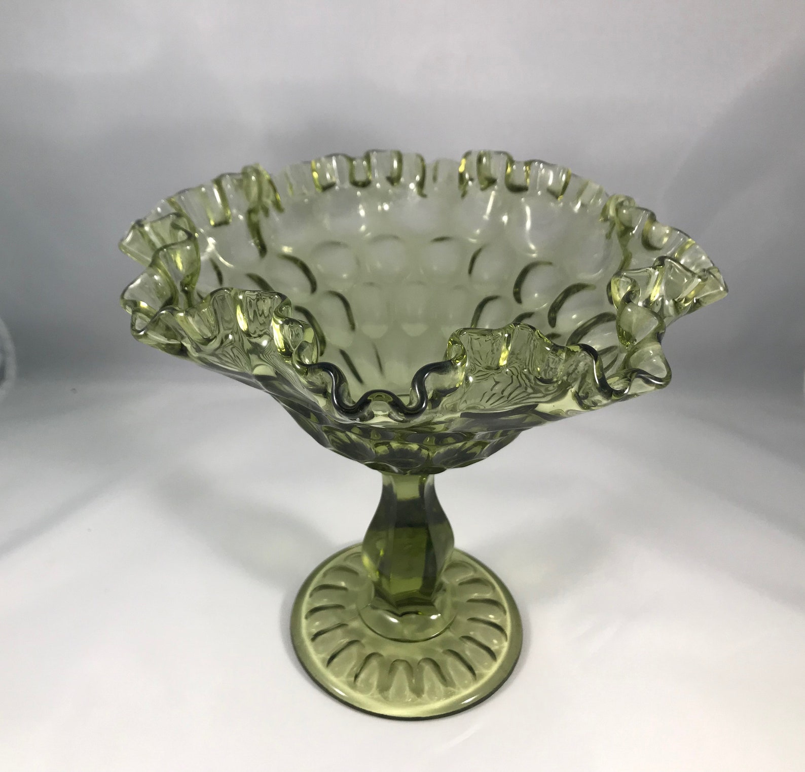 Vtg Fenton Glass Large Colonial Green Thumbprint Compote Etsy