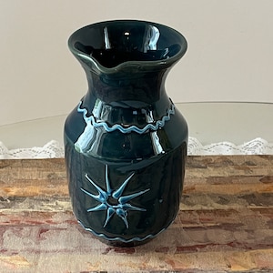 Forest Green Italian Pitcher w Handle | Blue Trim Stars | Ceramic Art Pottery Italian Vase | Made in Italy | 7&quot; Tall