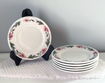 Mayer China Restaurant Ware, Pink Poppy Pattern Lunch Plates, Bread Plates - Set of 6, Beaver Falls PA USA, 1960s Restaurant Ware