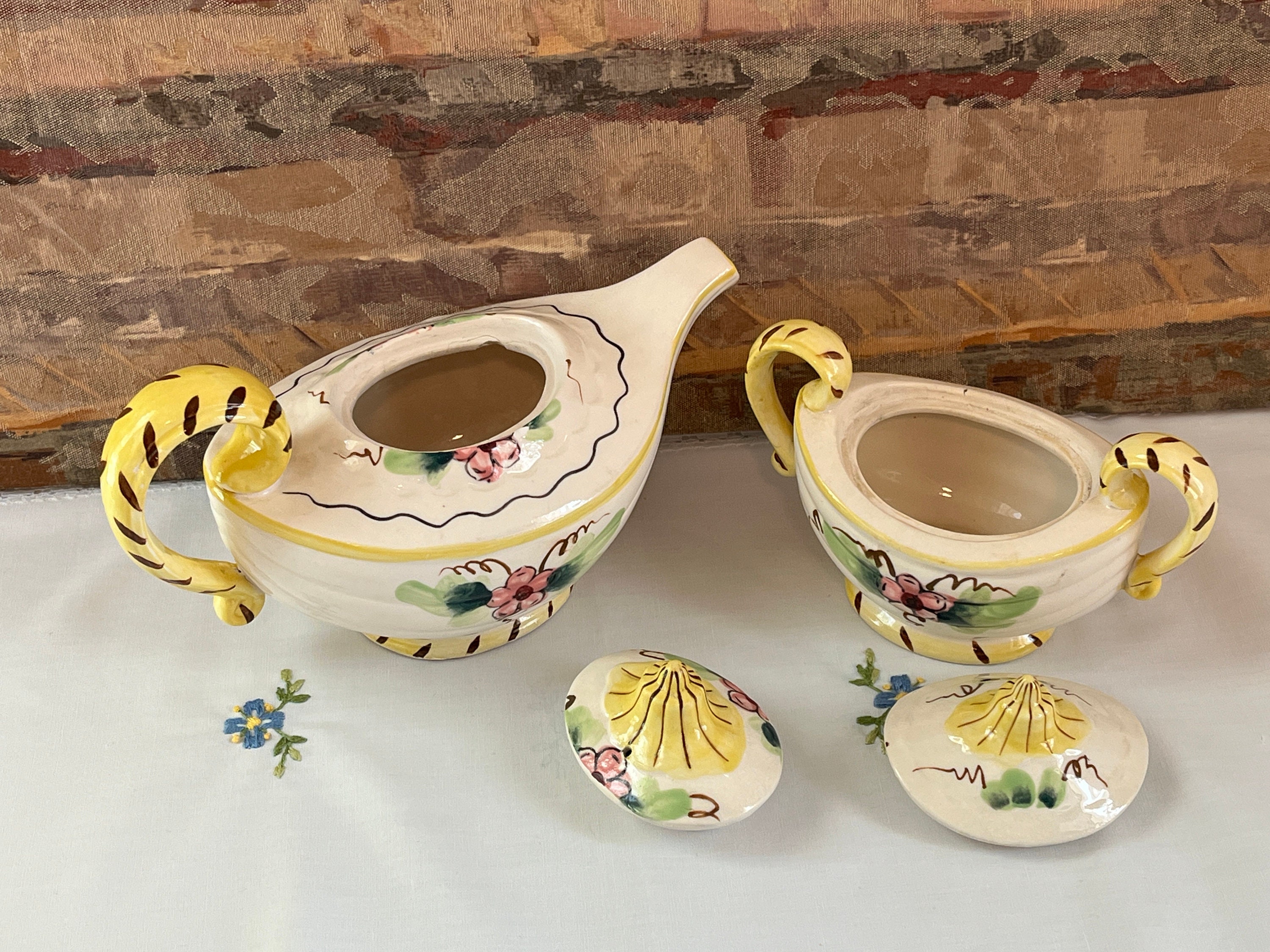 Mid Century Aladdin Lamp Tea Pot W Sugar Bowl Lids Yellow Etsy