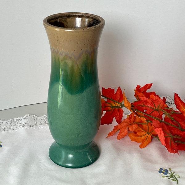 Vtg Green Teal Tan Drip Vase with Flared Opening and Base | 10" Tall Vase | Nice Home Decor