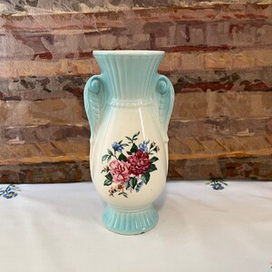 Vtg Royal Copley Blue White Urn Style Vase | Pink Floral Transferware Design | Unmarked Floral Bud Vase | Mid Century