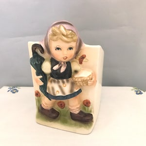 Napco Hummel Like Large Planter Mid Century 1950's, Girl & Umbrella, 6 3/4" T Japan Ceramic Pottery