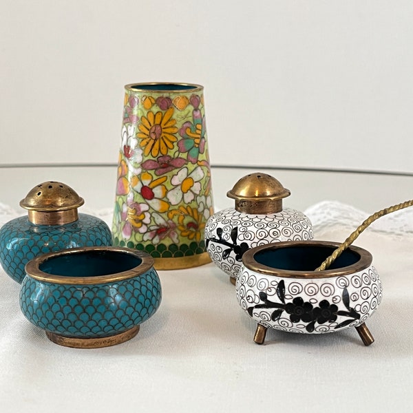 Chinese Cloisonne Brass Enamel Open Salt Cellars / Salt Dips Pepper Shakers | Two Sets Small and Toothpick Holder | Flowers Daisies