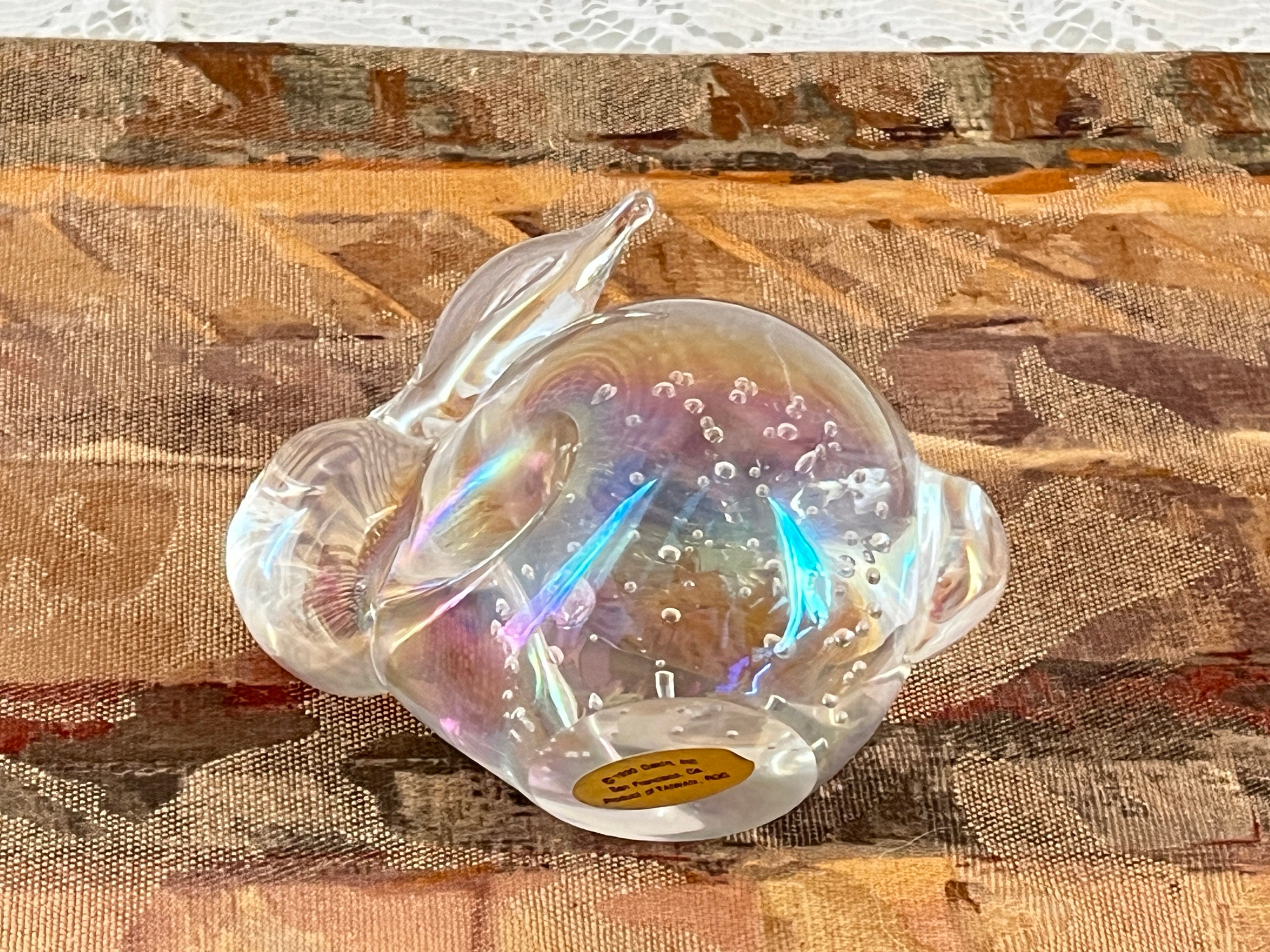 Iridescent Bunny Rabbit Paperweight, Dakin Vintage Art Glass 1990