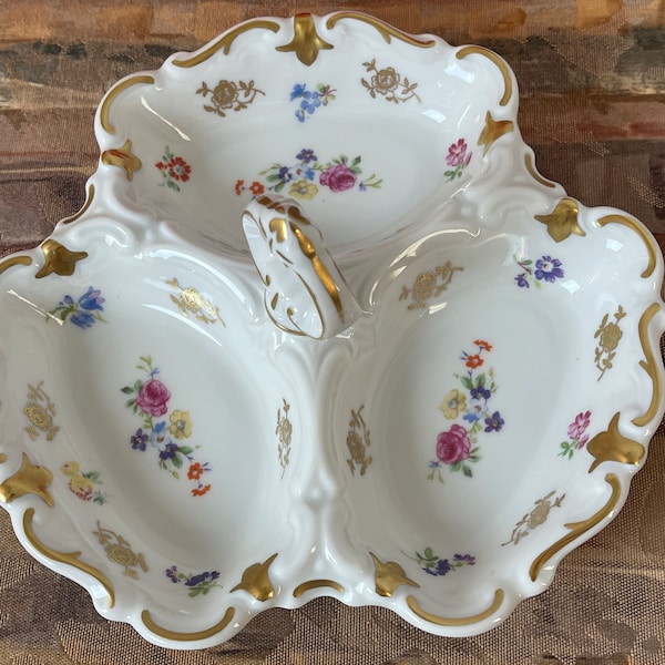 Divided Relish Tray w Handle Floral Bouquets w Gold Accents | Fine China REICHENBACH R Crown GDR E German Democratic Republic 1968-1990