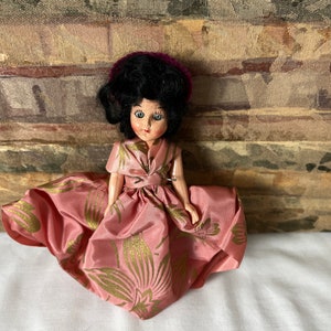 Vtg Doll Black Hair and Movable Eyes w Pivoting Head | Pink Asian Dress w Bergundy Bonnet | Movable Arms | Hard Plastic